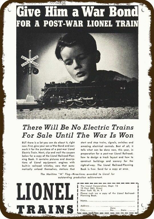 1944 LIONEL Electric Model Train Vintage-Look DECORATIVE REPLICA METAL SIGN 
