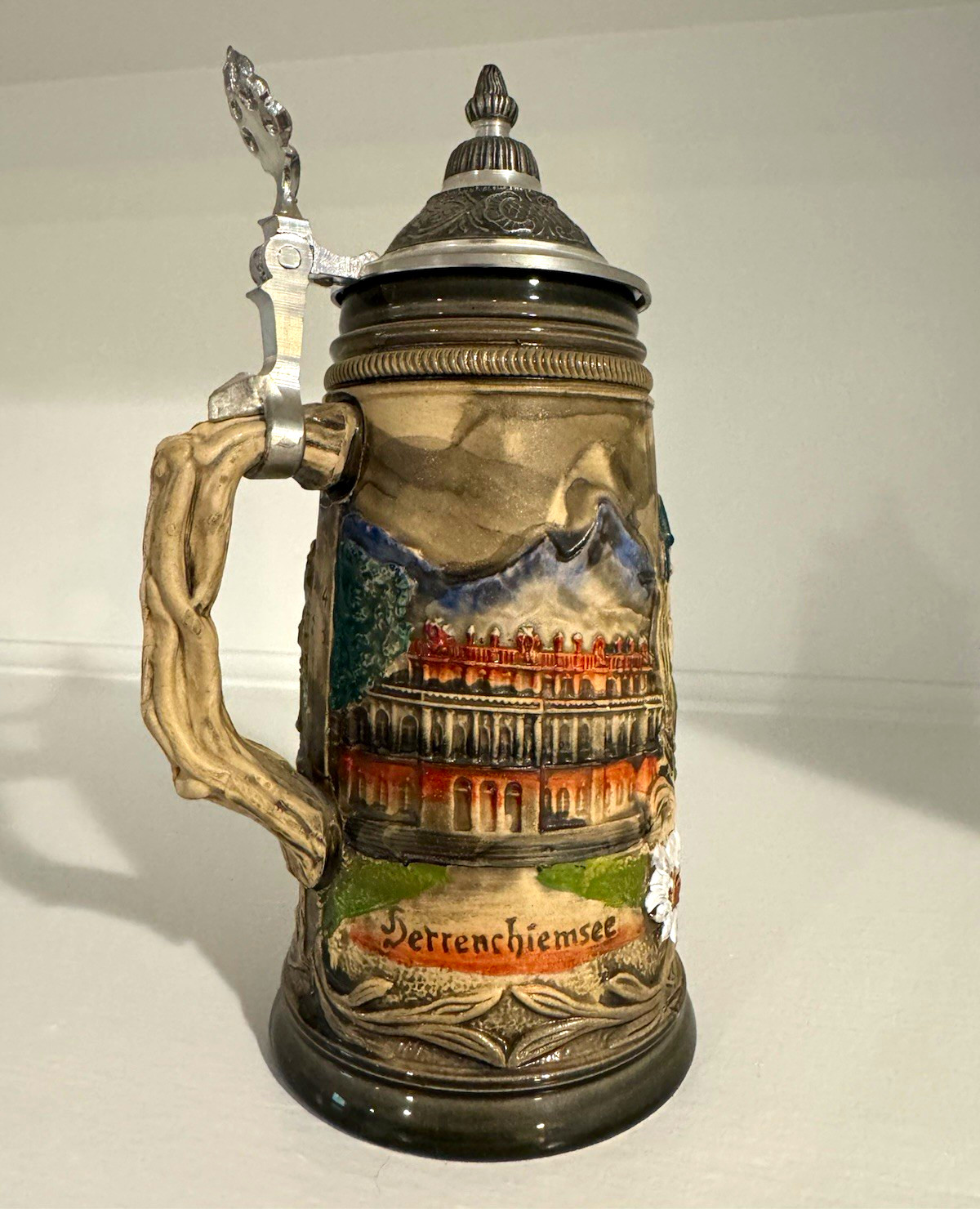 German Lidded Beer Stein Pewter Lid Castle Scenes: Neuschwanstein & More