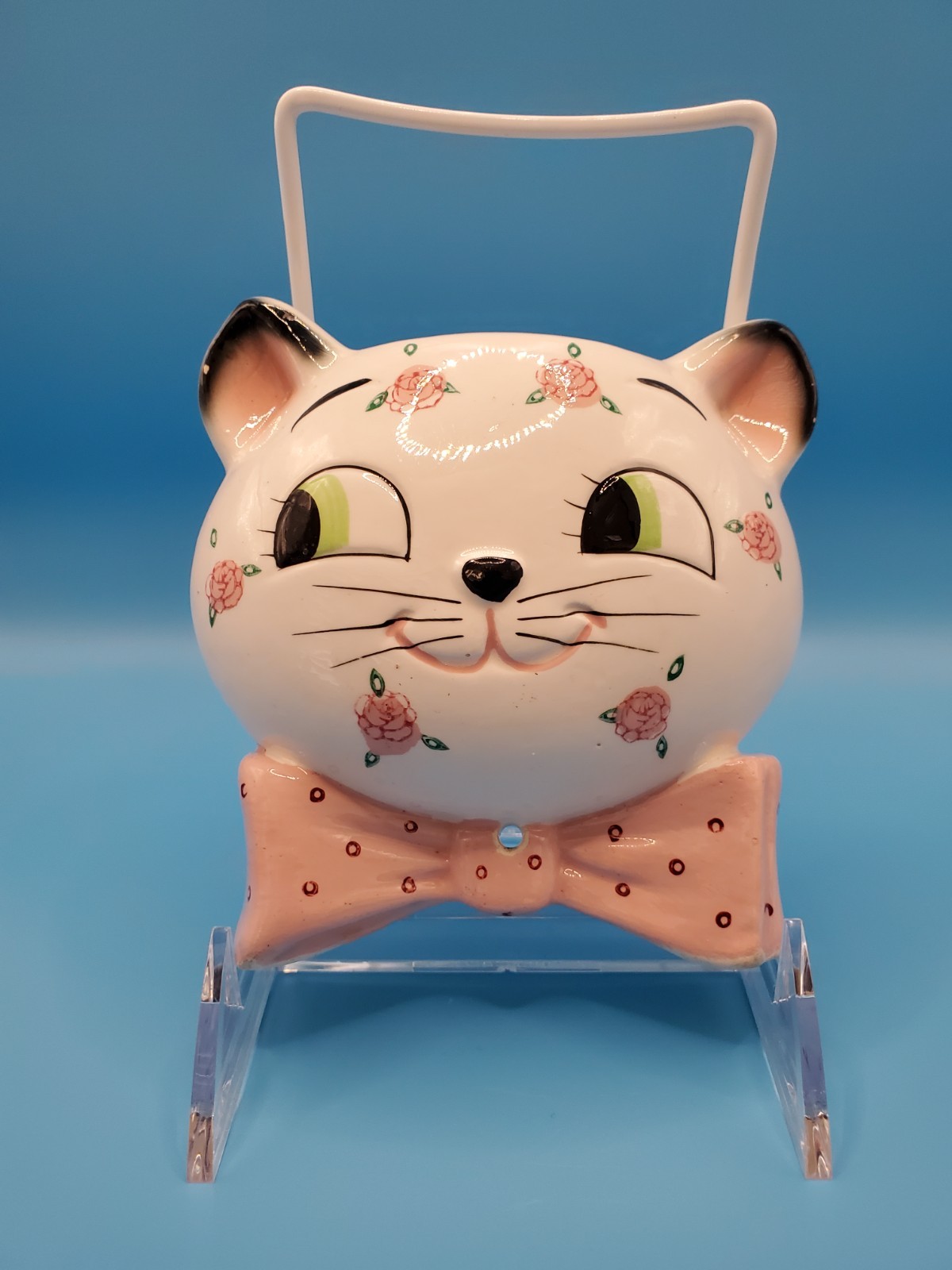 Vintage Norcrest Cat String Holder Wall Pocket Ceramic Mid Century Kitchen Decor