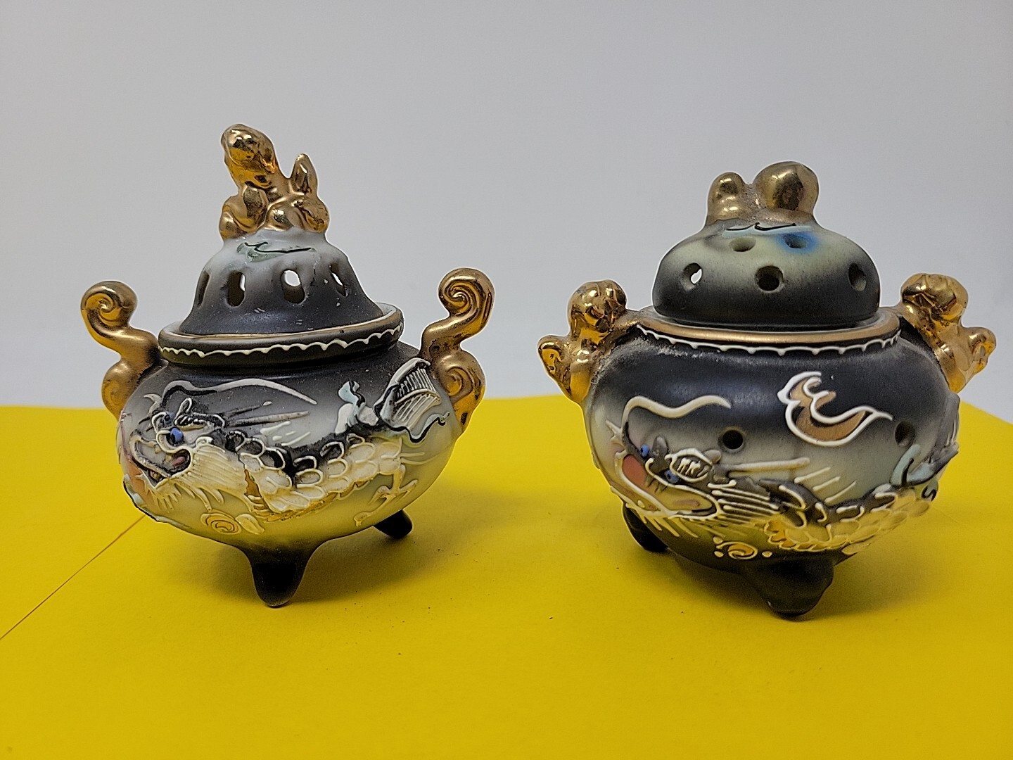 Vintage Pair Footed Japanese Dragonware Bone China Incense Burners Decor RARE 