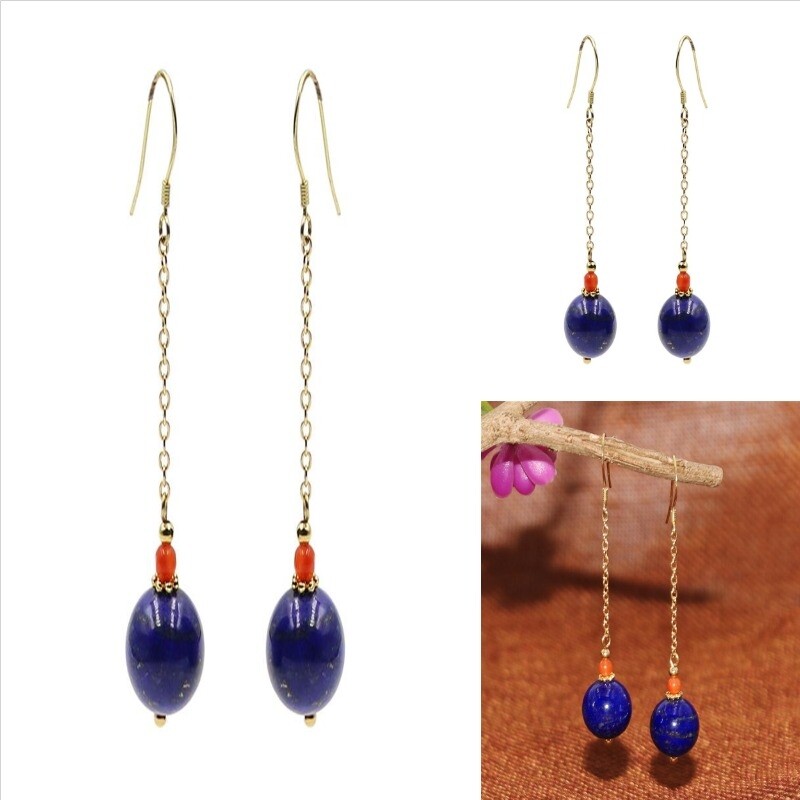 A pair Lapis lazuli Red coral Gemstone DIY Earrings 18K hook Office Hoop Crystal