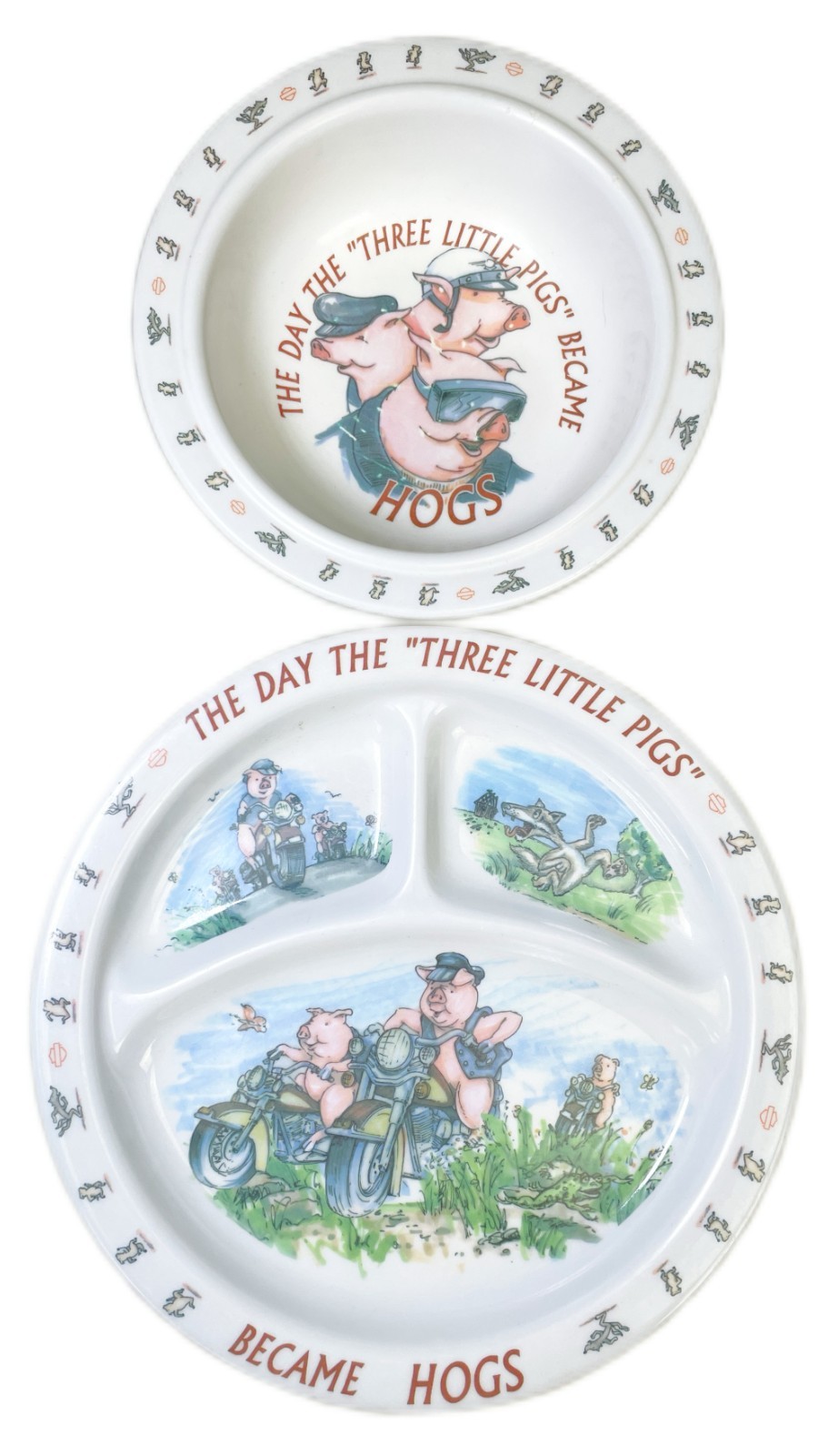 Harley Davidson Three Little Pigs Hog Divided Plate Bowl Melamine Child Set