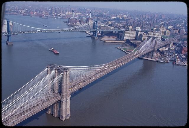 Photo:New York City Manhattan Bridge Brooklyn Bridge Aerial View 1960s