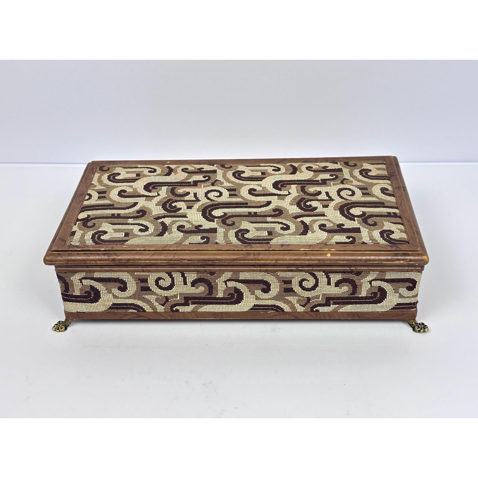 Vintage 1960s Mid Century Tapestry Walnut Jewelry Box