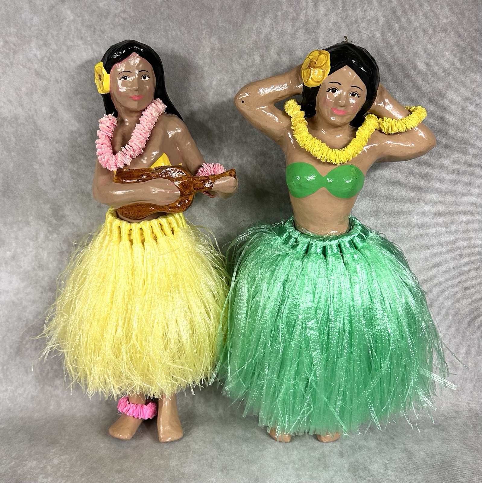 RARE Vintage 18” Hawaiian Hula Girl Paper Mache Figures Pair Folk Art 1940s/50s