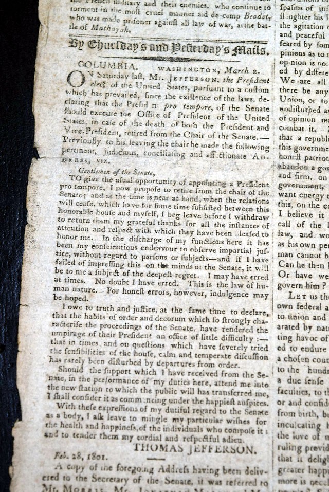 THOMAS JEFFERSON 1st Presidential Inauguration Inaugural Address 1801 Newspaper 