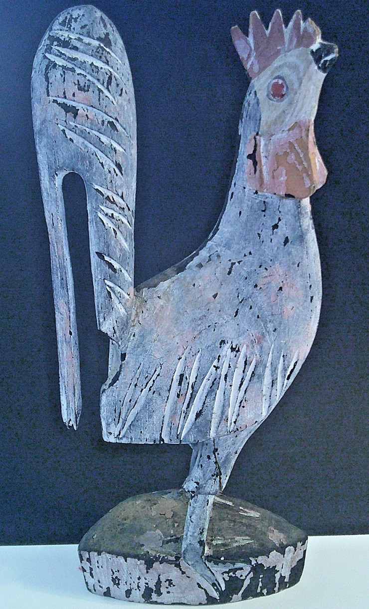 Primitive Hand Carved & Painted Folk Art Rooster Painted Wood Sculpture 18\