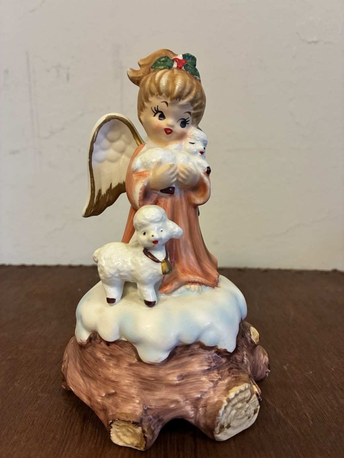 Vintage Lefton Japan #722 Angel Lambs Christmas Music Box Silent Night