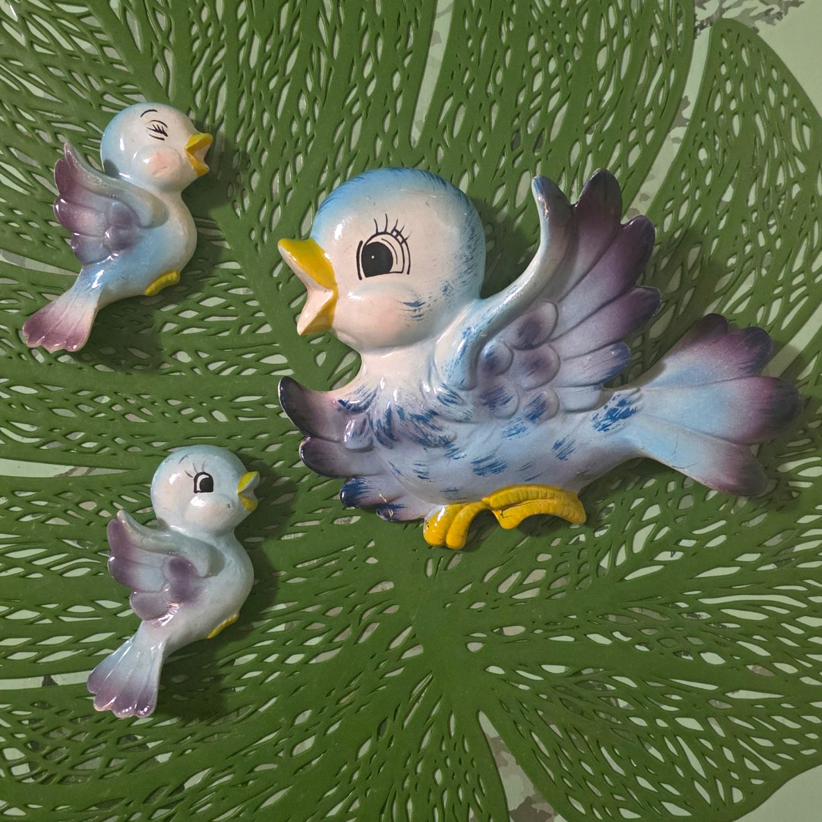 Vintage Ceramic 3 Bluebird Family Wall Plaques 
