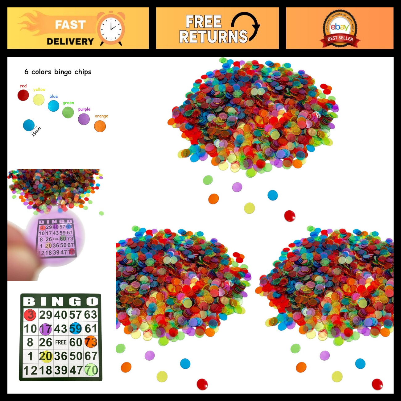 JUNWRROW 2000 Pieces 3/4 inch Transparent 6 Color Clear Bingo Counting Chips Pla