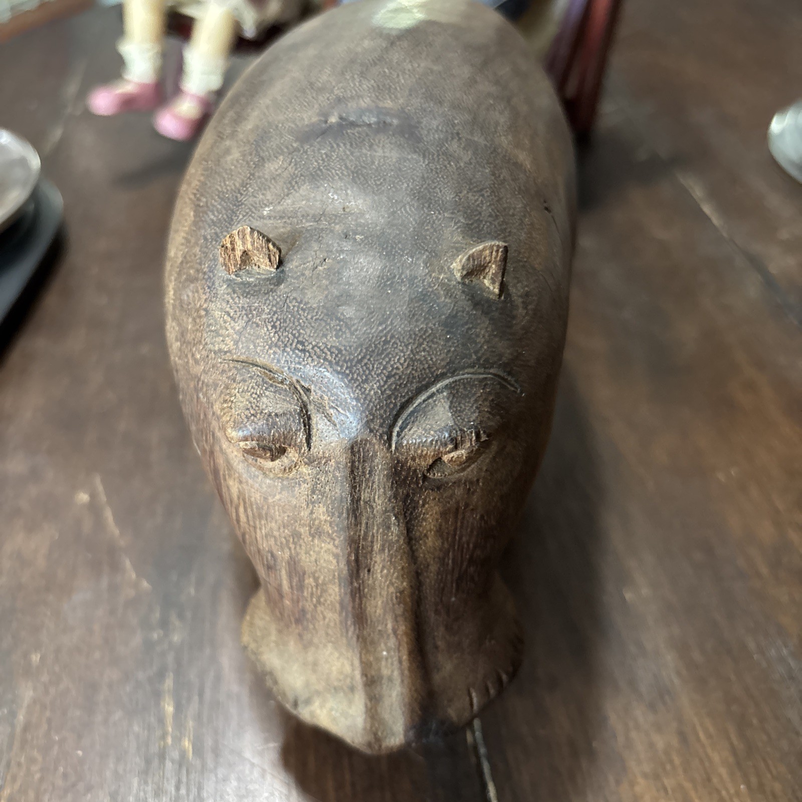 Vintage,  Teak Wood? Large 3lb Hand Carved Wooden Hippo 9 inch Figure 