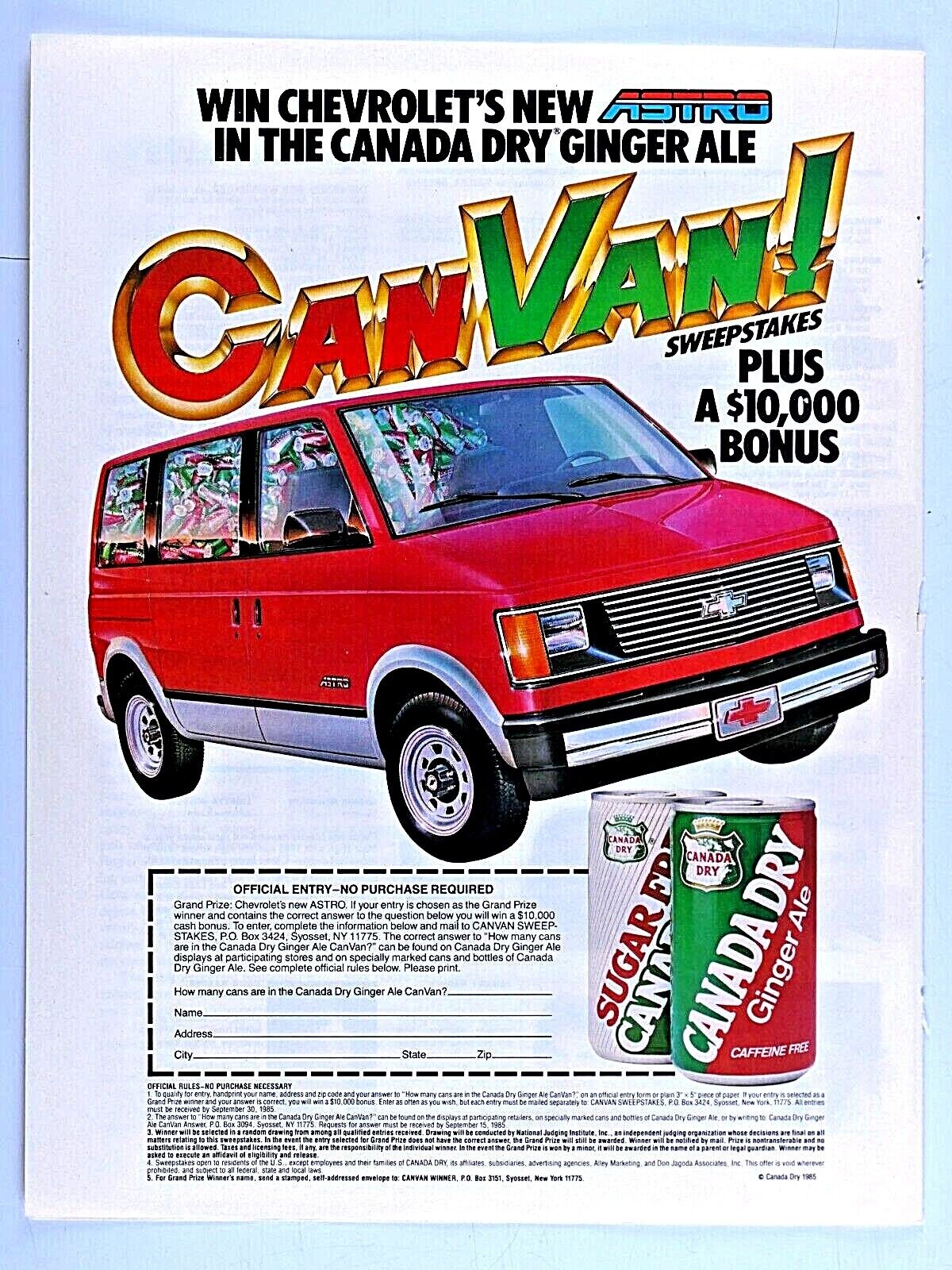 1985 Chevy Astro Van Can Van Canada Dry Vintage Original Print Ad 8.5 x 11\