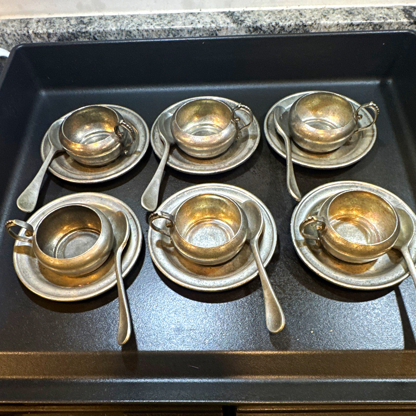 Vintage 18pc Les Etains d'Europe 95% Pewter Glogg Set 6 Cups 6 Saucers 6 Spoons