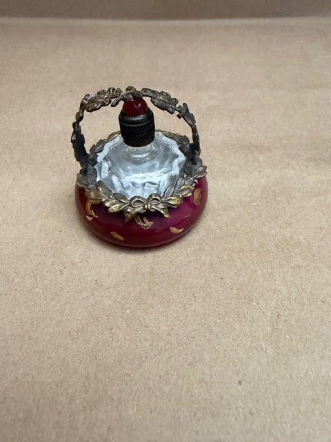 Peint Main Limoges France Tiny Perfume bottle and maroon basket holder
