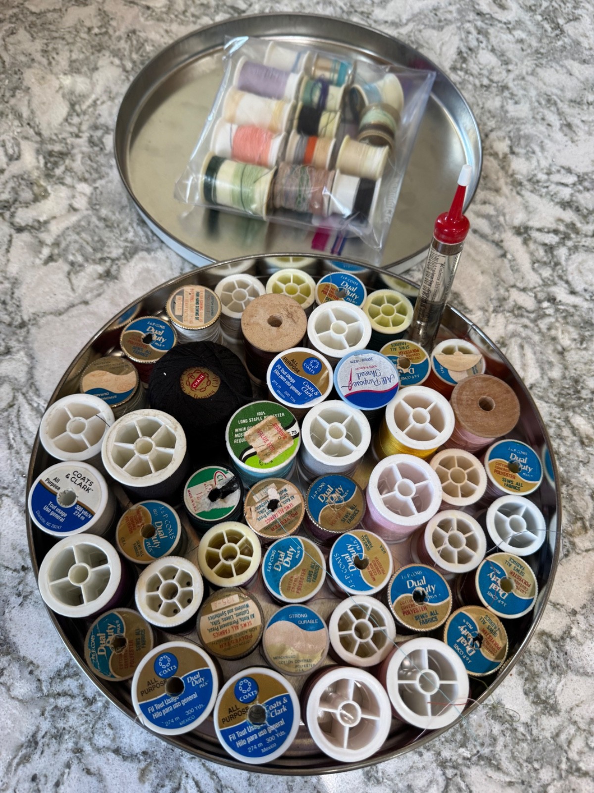 Vintage Sewing Notions Lot Thread Spools, Darning cotton and Hydrocracked Oil