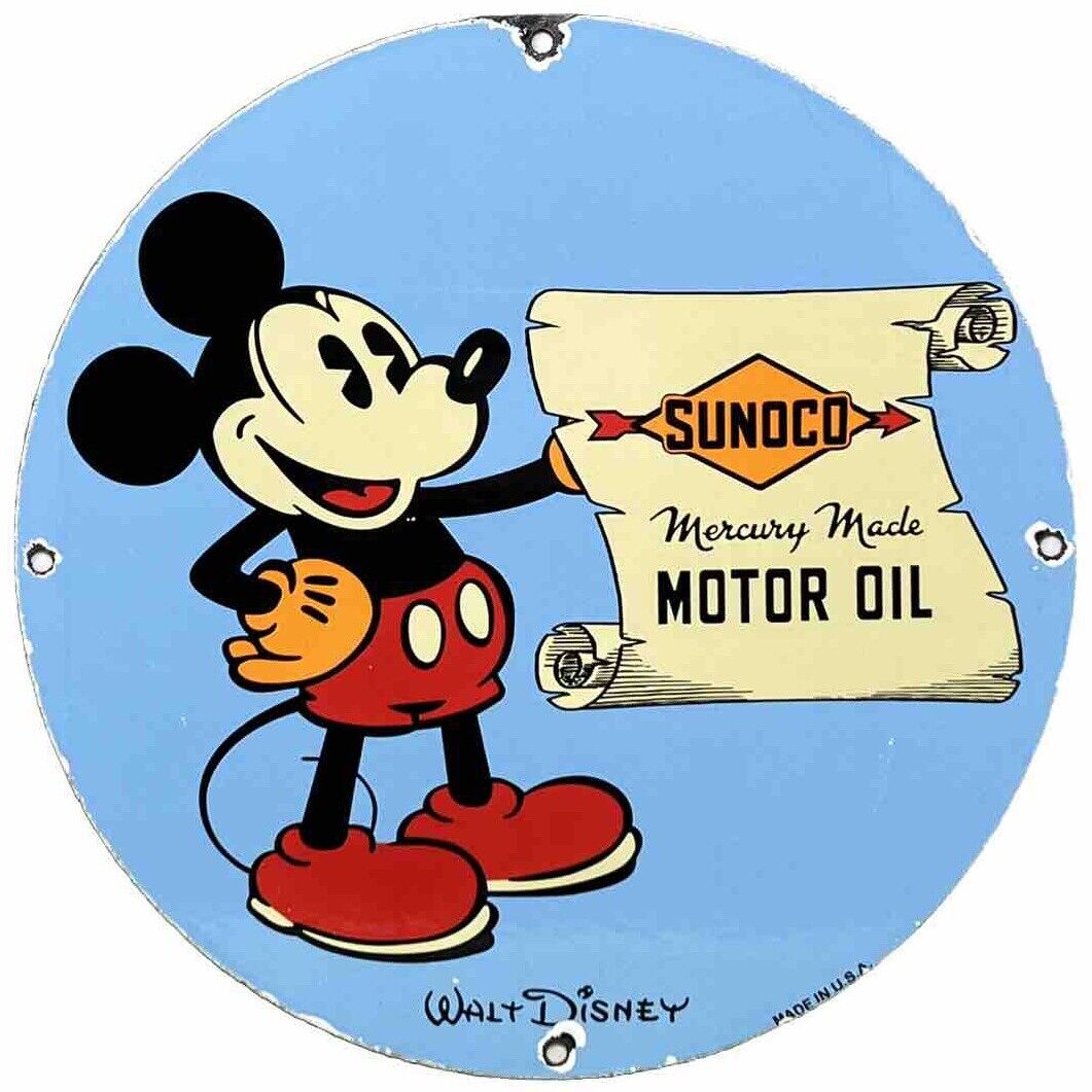 VINTAGE SUNOCO DISNEY MICKEY MOUSE PORCELAIN SIGN PUMP PLATE GAS STATION OIL