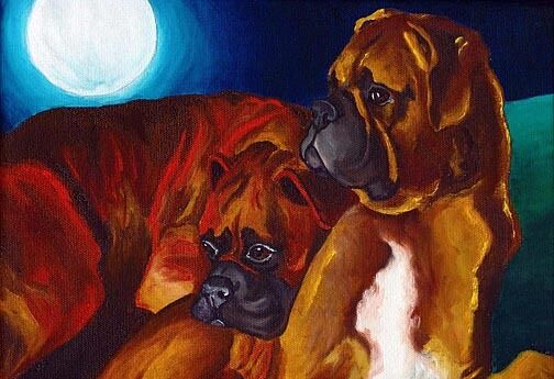 13x19 BOXER NIGHT Fawn Brindle Signed Dog Art PRINT of Original Painting by VERN