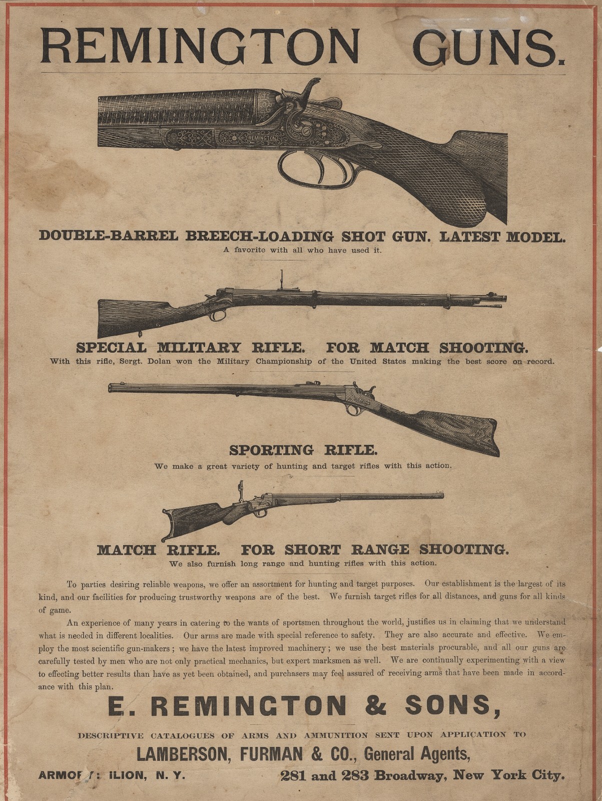 c. 1880's Remington Guns Advertising Broadside for Lamberson, Furman & Co NYC