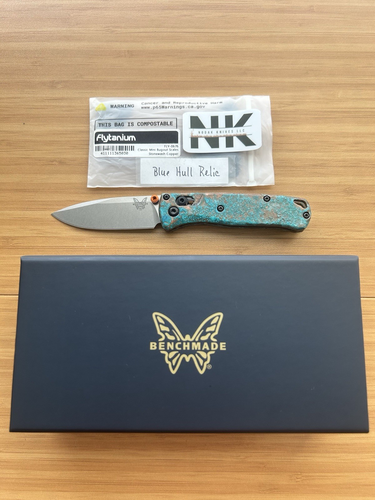 Nodak Custom “Blue Hull Relic” Shipwreck Copper Benchmade 533 Mini Bugout S30V