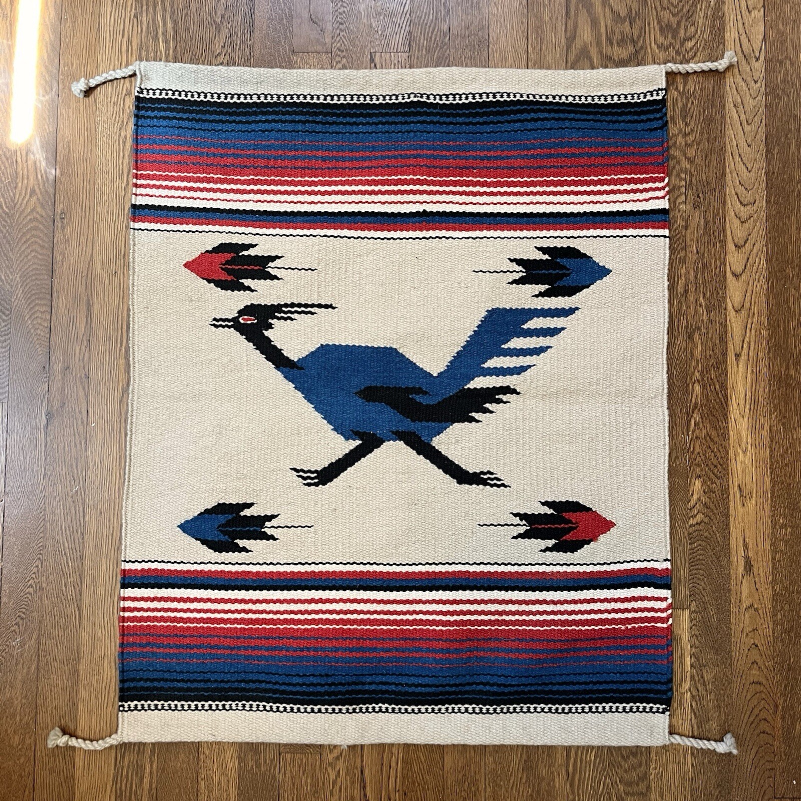 Vintage Mexican Roadrunner Hand Woven Pictorial Wool Rug Saddle Blanket 38”x30”