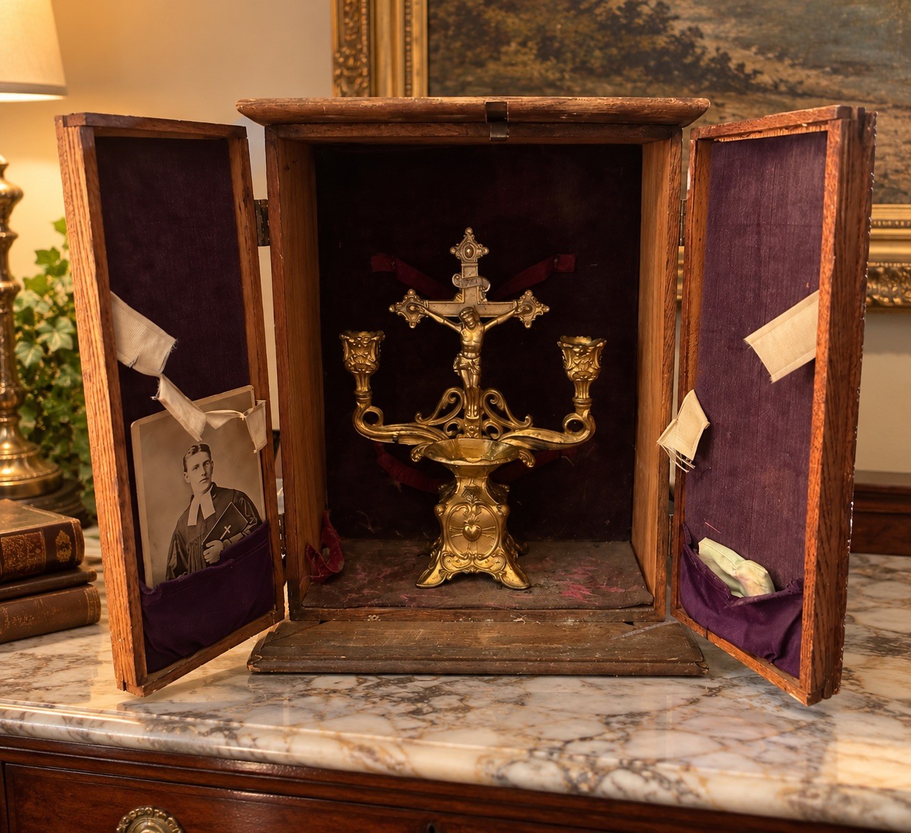 Antique c1900 Ormolu Bronze Catholic Last Rites Sick Call Altar Cabinet Rare