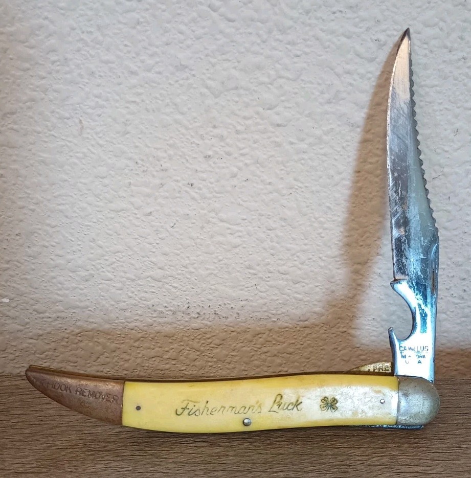 Rare Vtg 60s USA Camillus #5 Fishermans Luck Folding Pocket Knife & Hook Remover