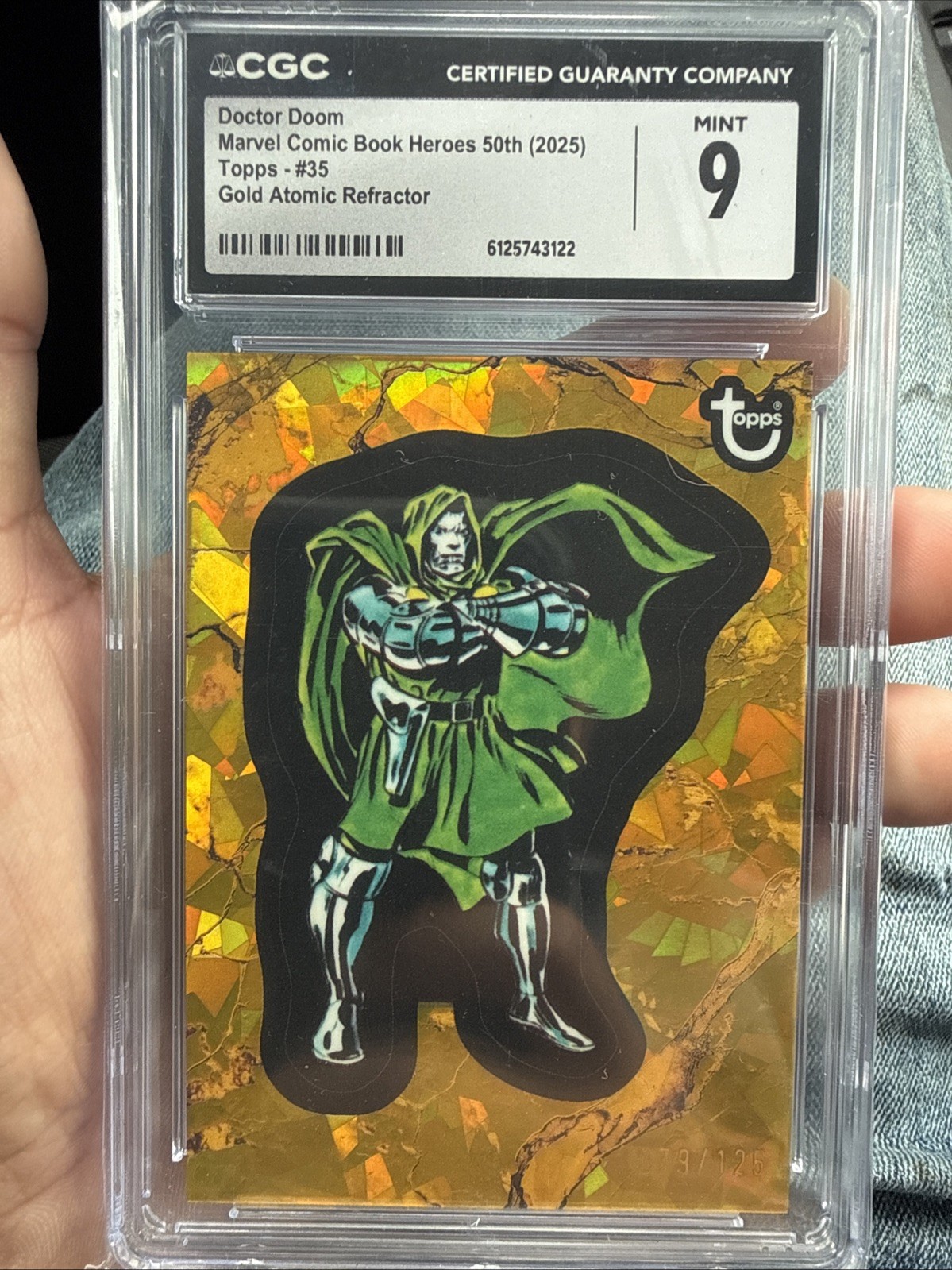 2025 Topps Marvel Comic Book Heroes #35 Doctor Doom Gold Atomic Ref /150 CGC 9