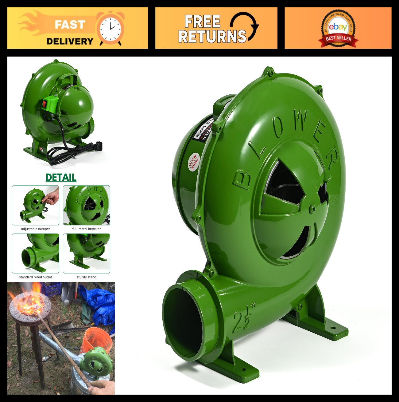 250W Electric Blower Fan 230CFM for Forge, BBQ, Chimney Starter, Air Mover