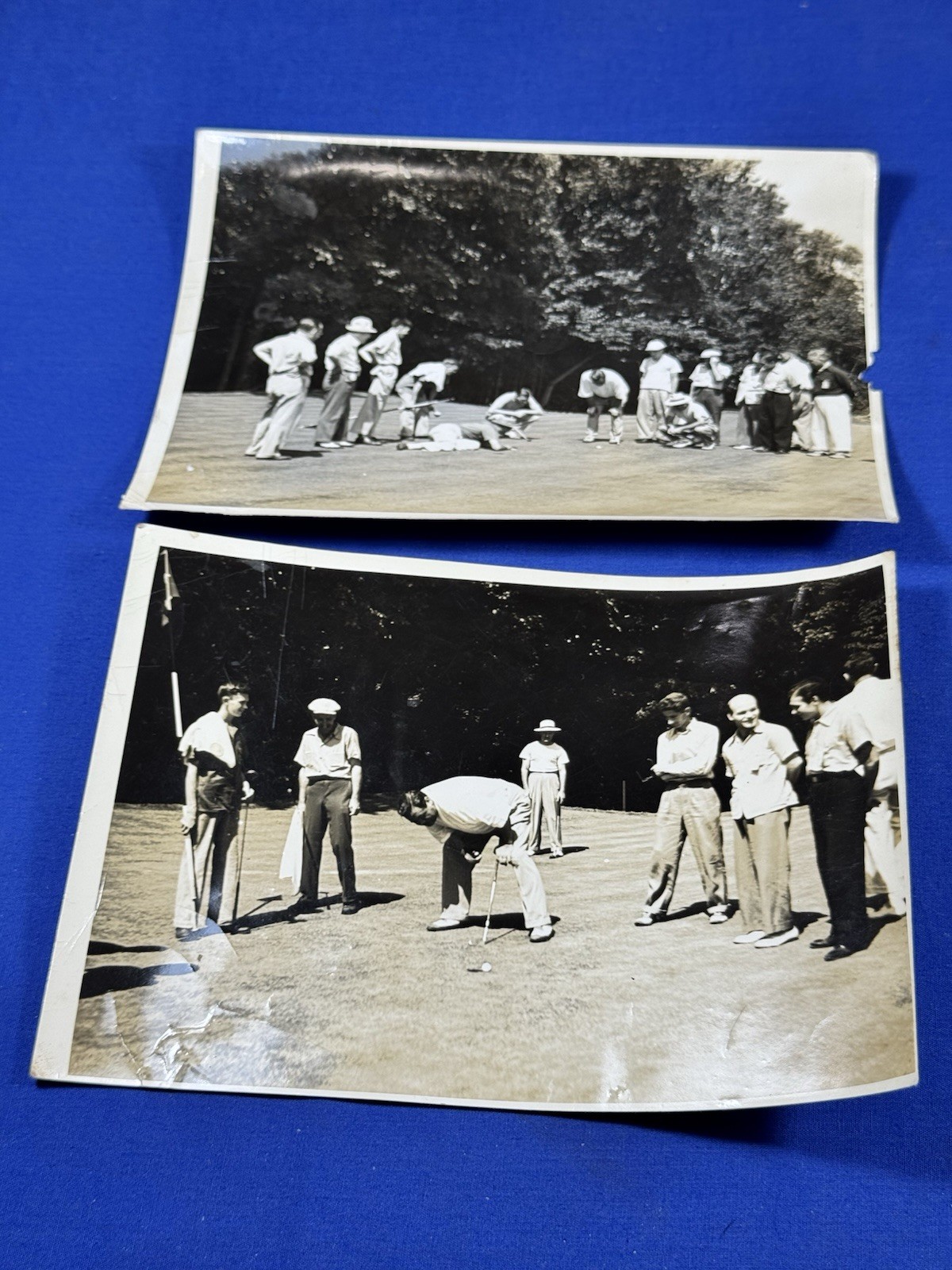 2 Vintage Glossy B&W Photos ~ BABE RUTH on Putting Green ~ Lining Up & Missing
