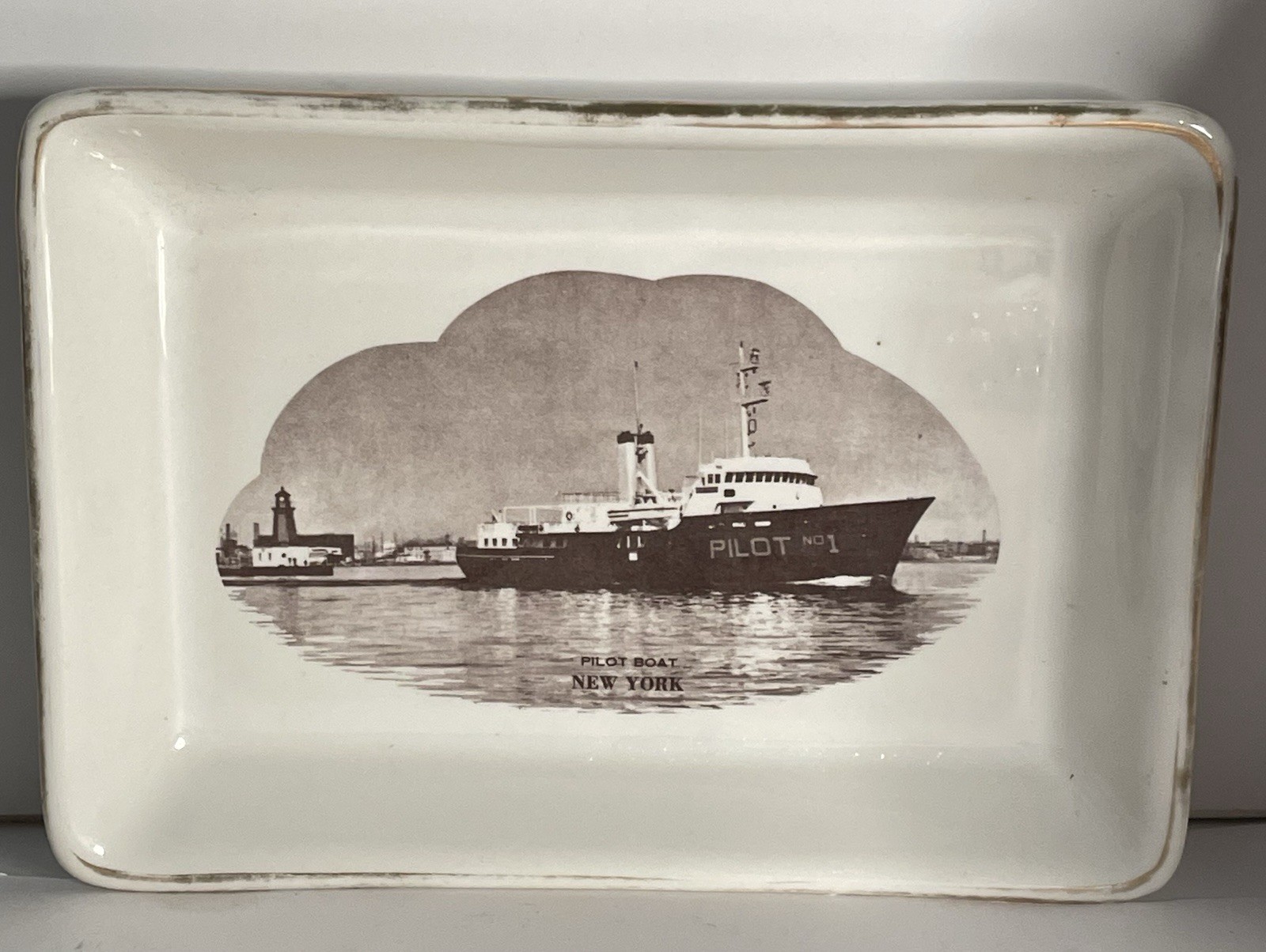 Vintage 1970s Pilot Boat New York Porcelain Trinket Dish Maritime Ship 7\