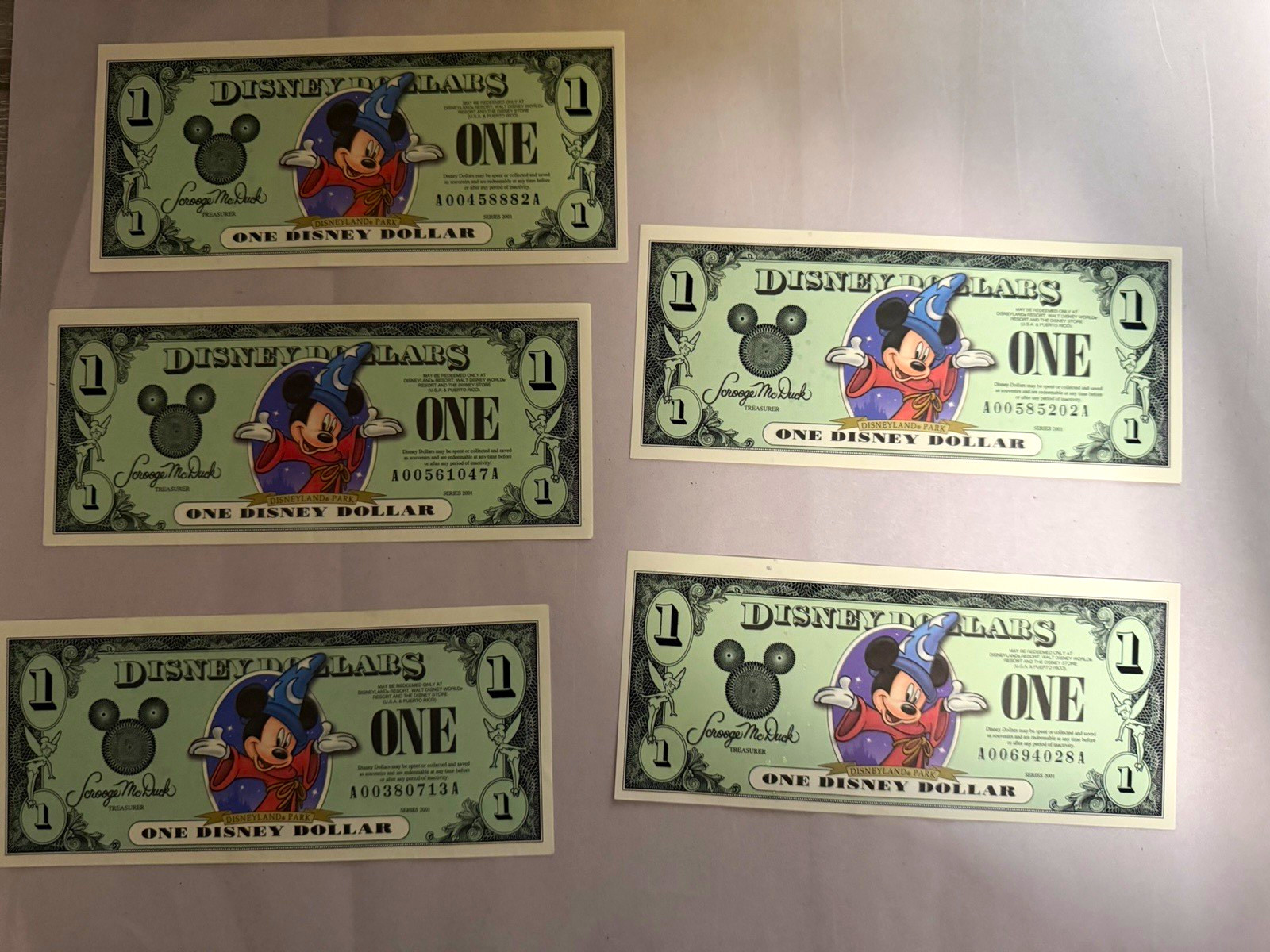 Disney $1 Disney Dollars Notes 2001 Mickey Mouse Sorcerer Series Lot of 5