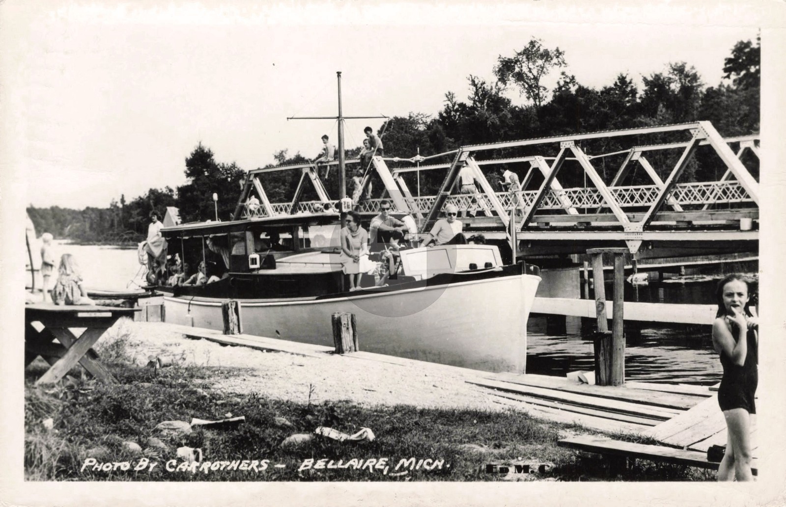 Boat at Dock, Bellaire MI Michigan 1956 RPPC Photo Postcard COPY