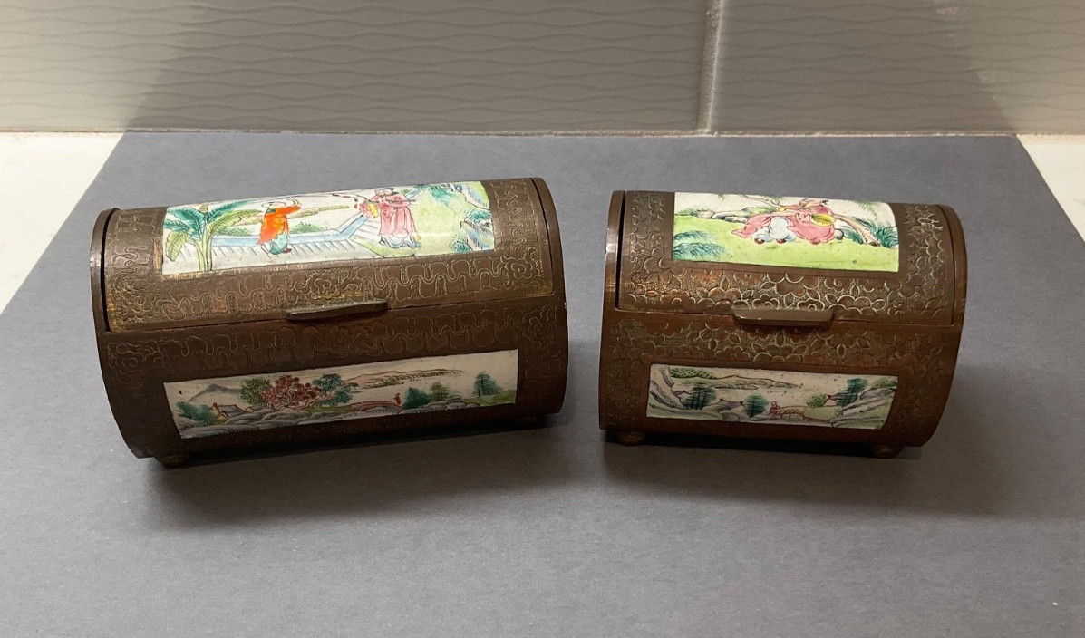 Antique Chinese Porcelain and Bronze Hand-Painted Trinket Boxes - Set of 2