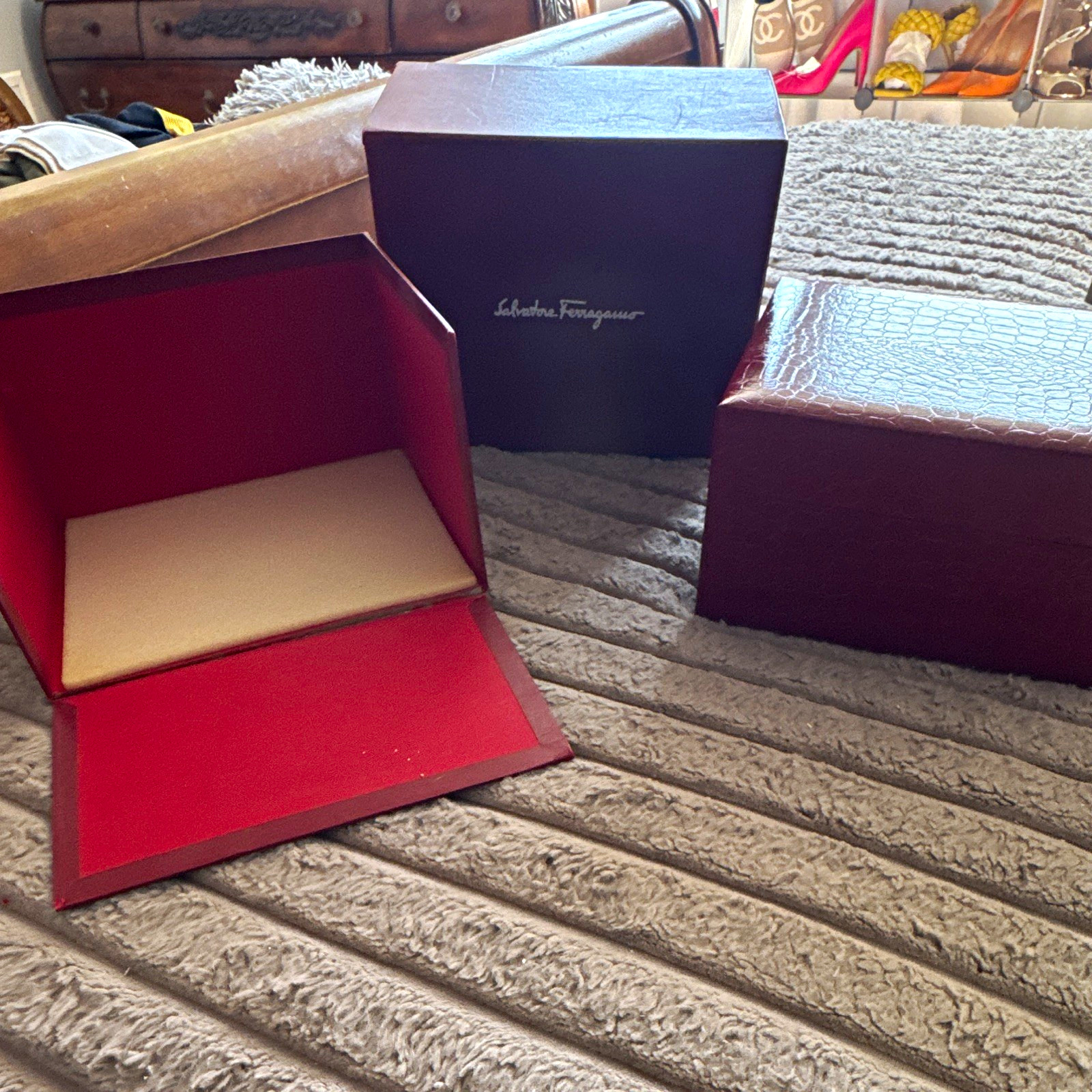 Salvatore Ferragamo Red Crocodile Pattern Faux Leather Hinged Storage Box
