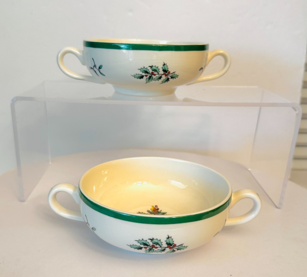 Vtg Set 2 Spode England Christmas Tree 6 oz Cream Soup Bowls 4.5\