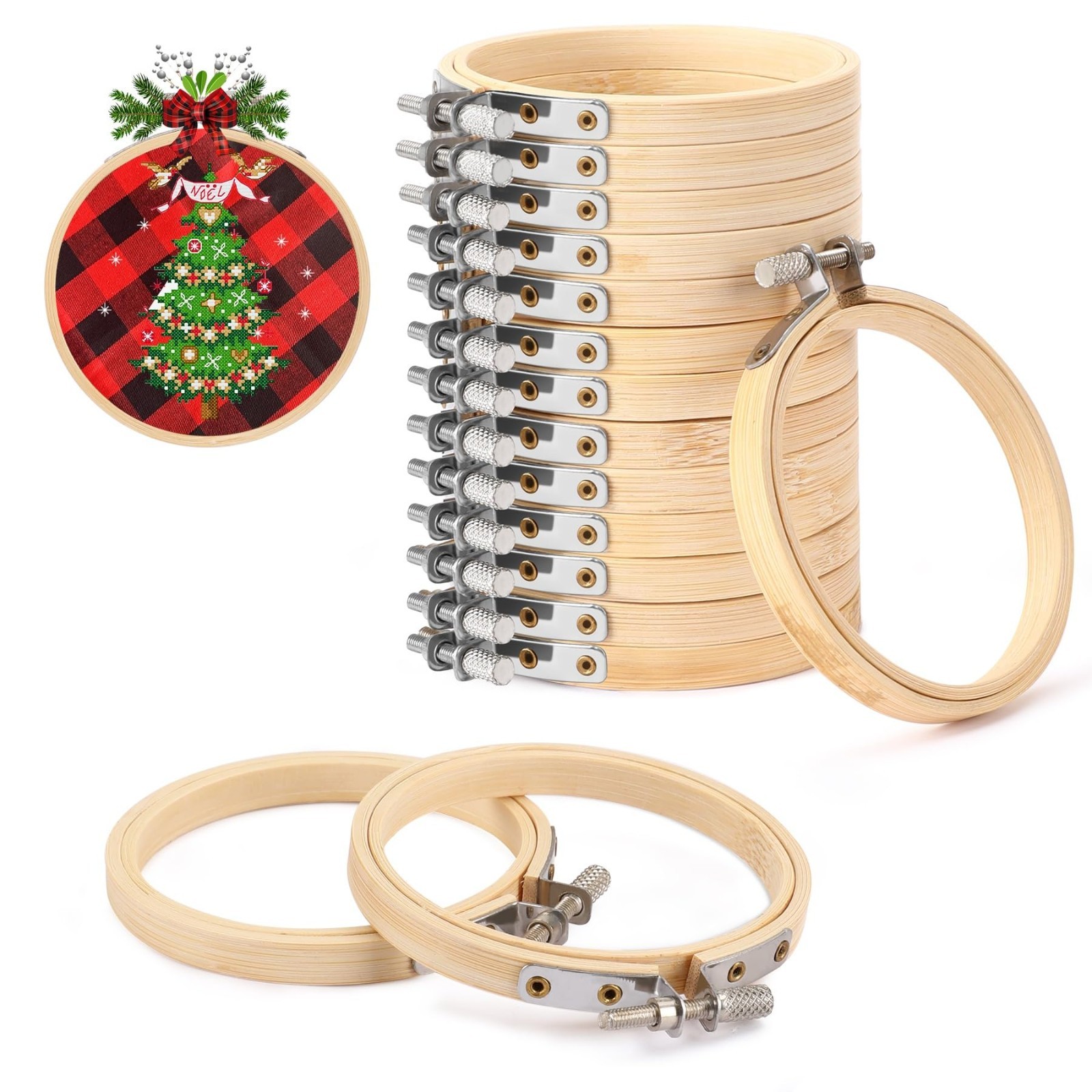 FEBSNOW 16Pcs 3 Inch Embroidery Hoops Adjustable Circle Cross Stitch Ring