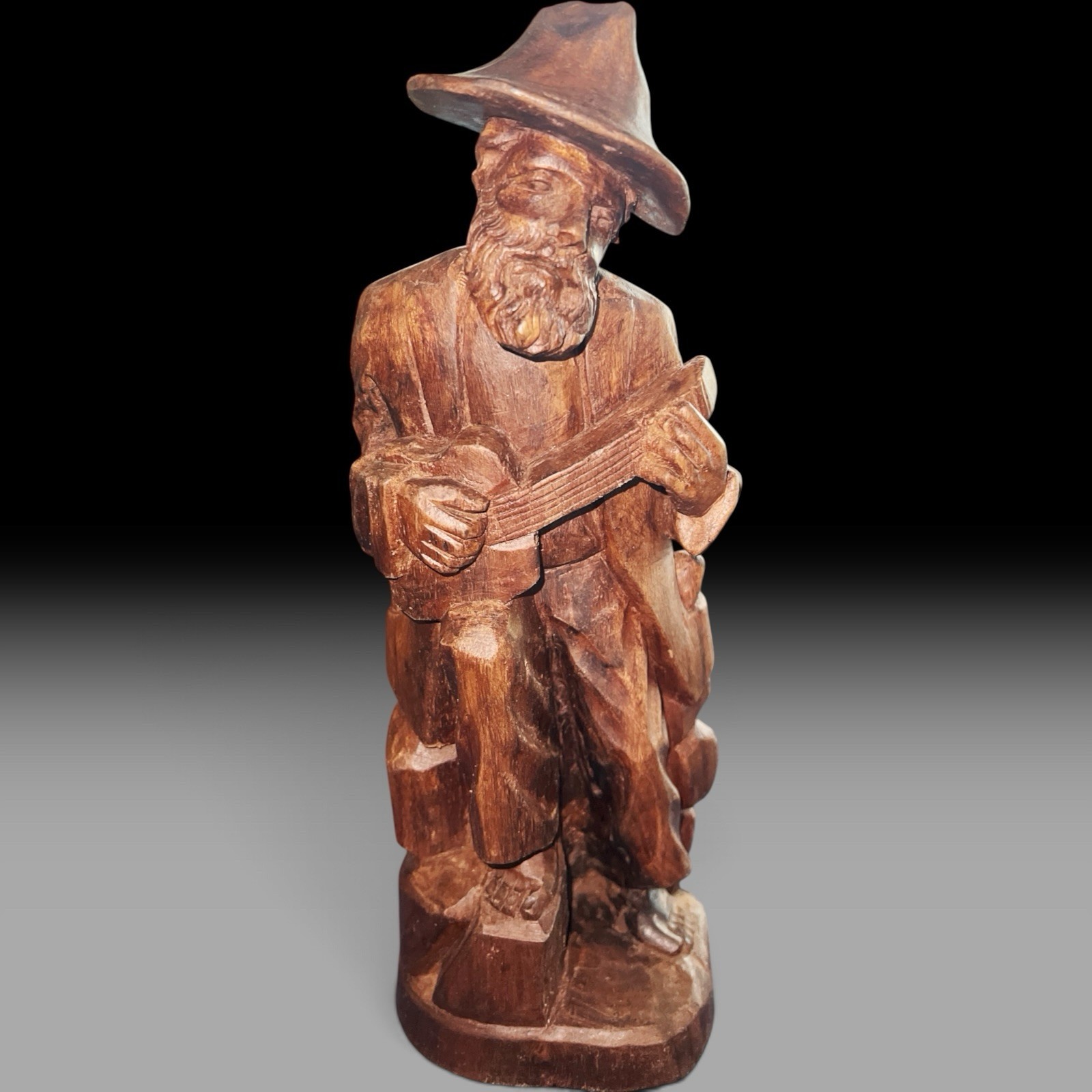 Vintage Hand Carved Wood Old Peasant Man W/Guitar Folk Art Sculpture 13”