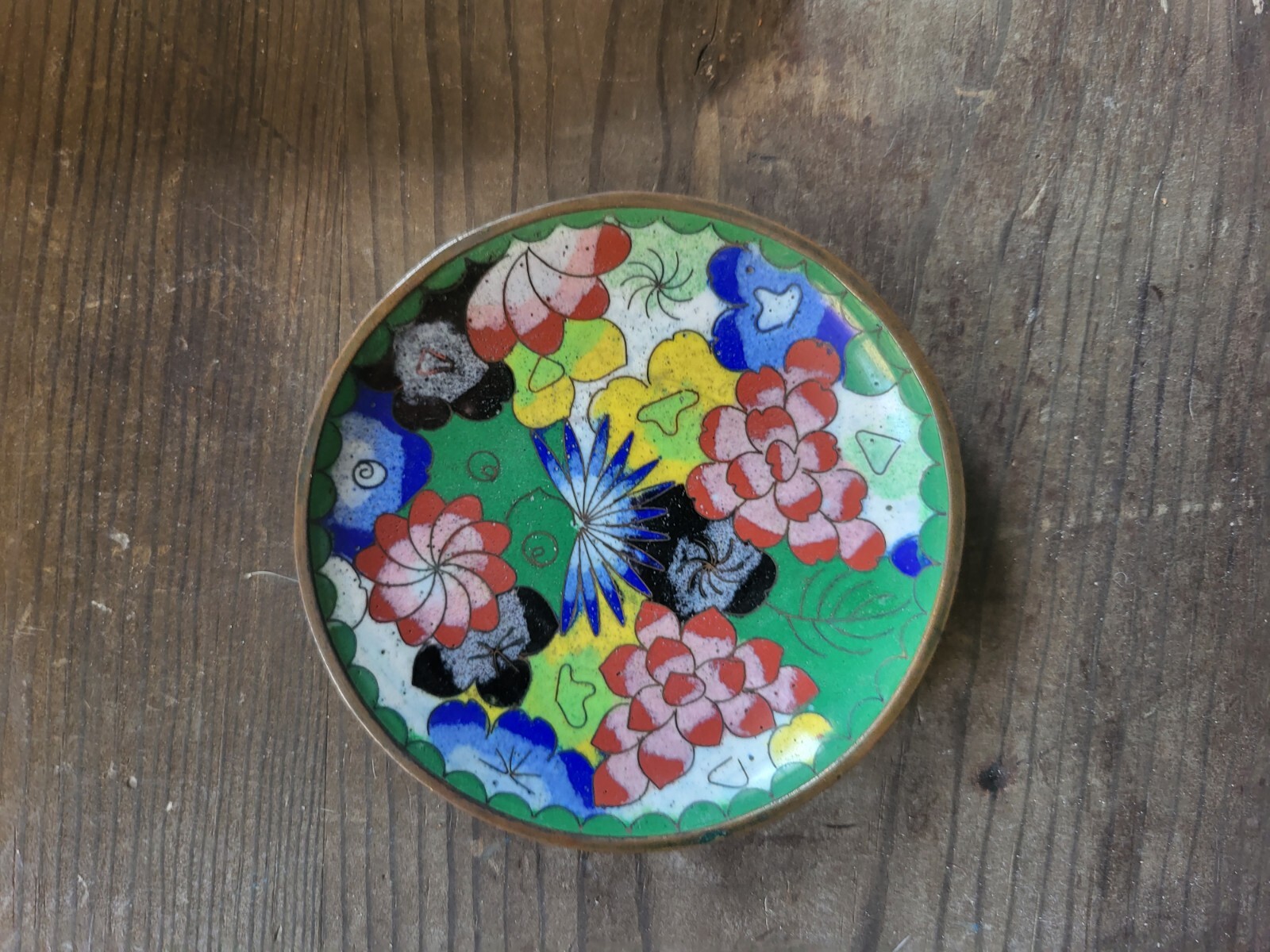 Vtg Antique Enamel Chinese Lotus Floral Cloisonne Small Dish Abstract MCM Style