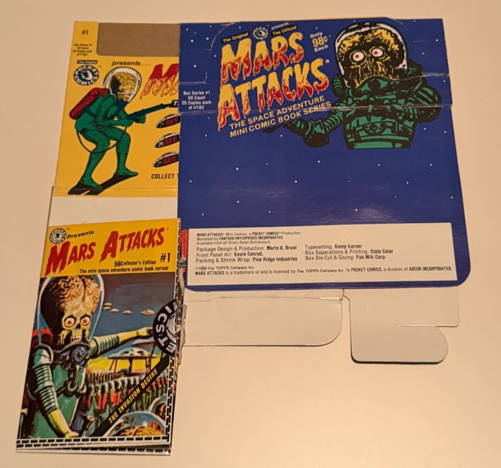 Vtg 1988 Mars Attacks Pocket Comics #1 #2 Set Lot Topps w/ Retail Display Box