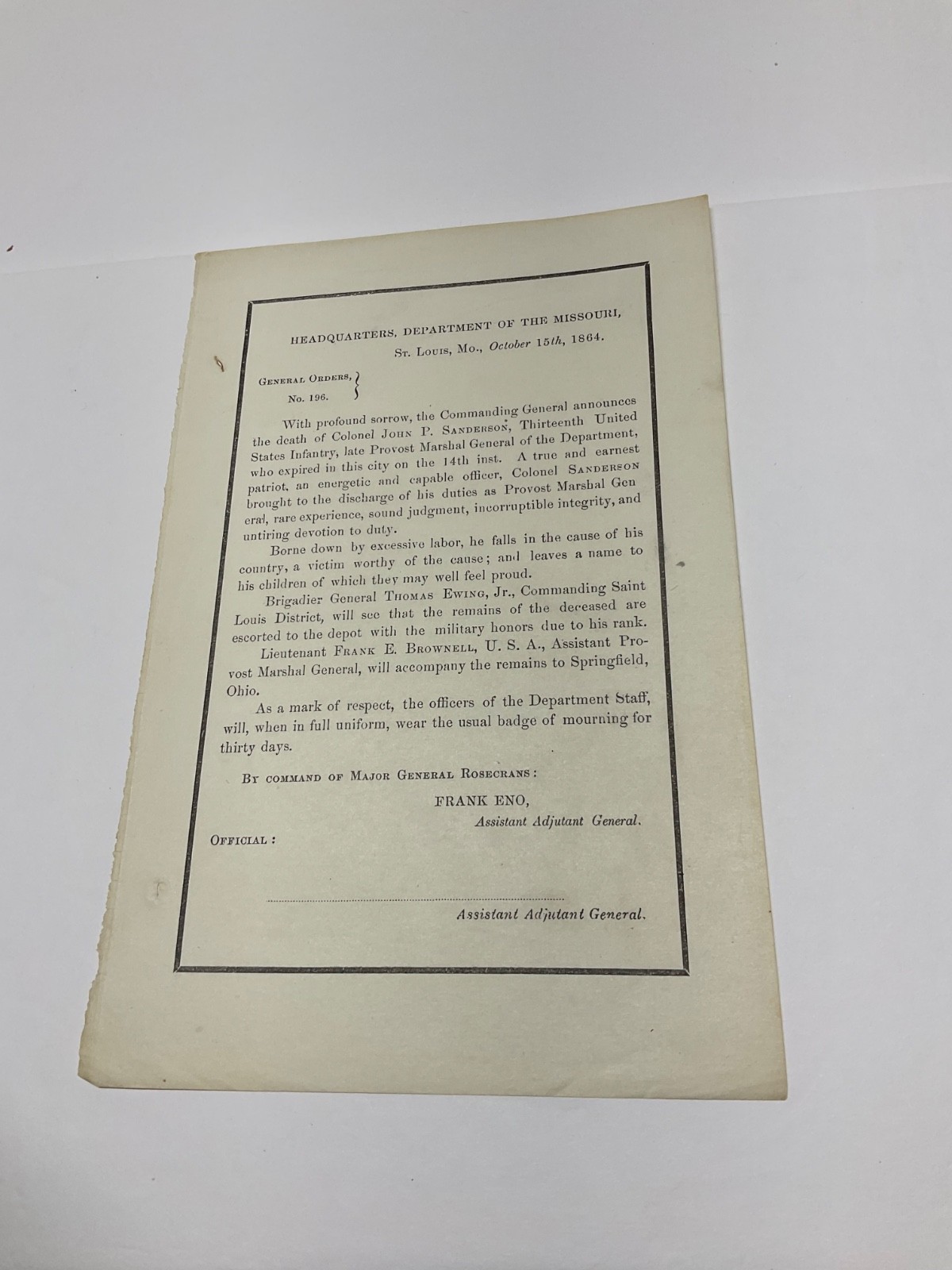 CIVIL WAR COLONEL JOHN SANDERSON MOURNING ORDER SAINT LOUIS 1864