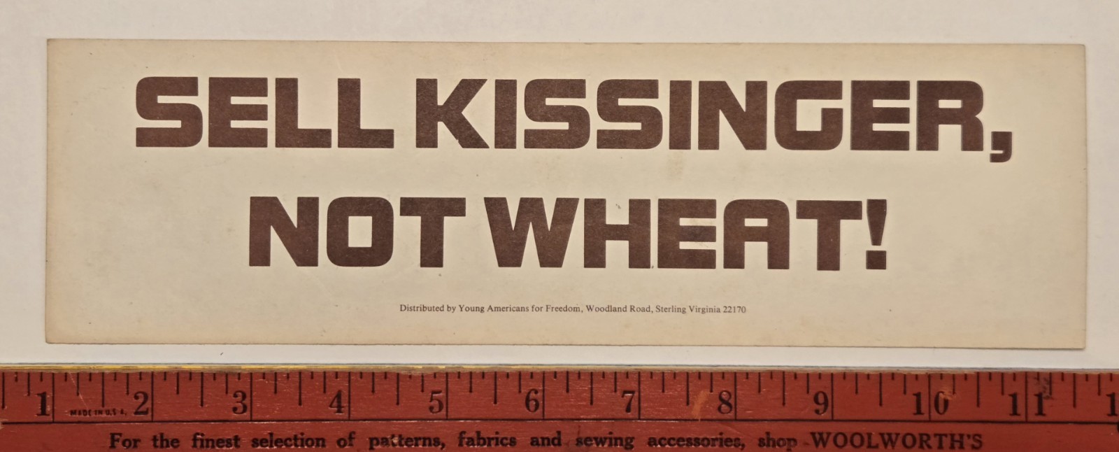 Vintage 1970s Sell Kissinger Not Wheat YAF Political Bumper Sticker