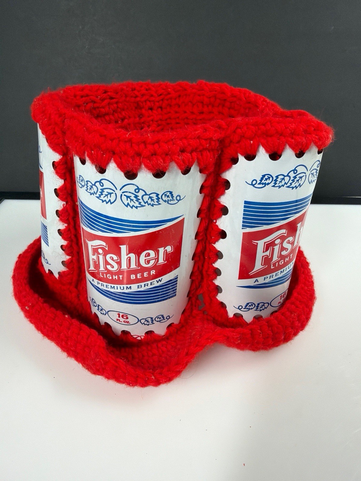 Vtg 1970s Fisher Light Beer Can Crocheted Hat Bucket Cap Folk Art Red