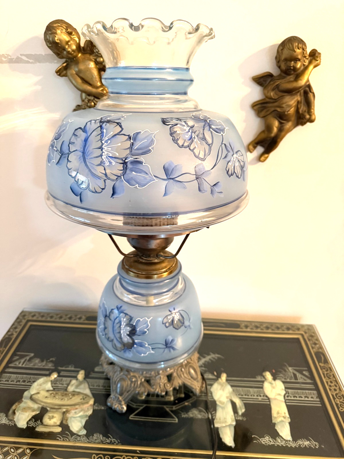 Vintage Double Globe Gone with the Wind Hurricane Lamp  Blue Hand Painted Floral