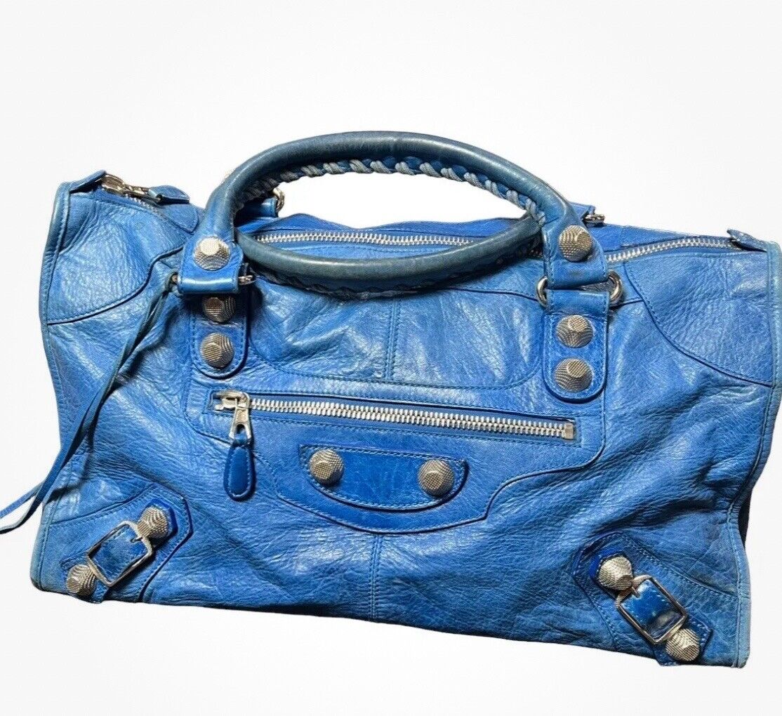 BALENCIAGA PARIS Classic Studs Handbag Bag Blue Leather