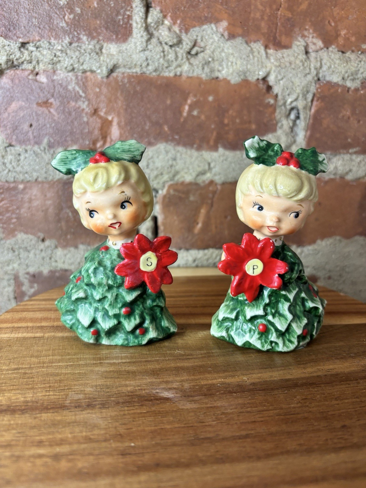 Vintage 1950\'s Christmas Holt Howard Holly Tree Girls Salt & Pepper Shakers