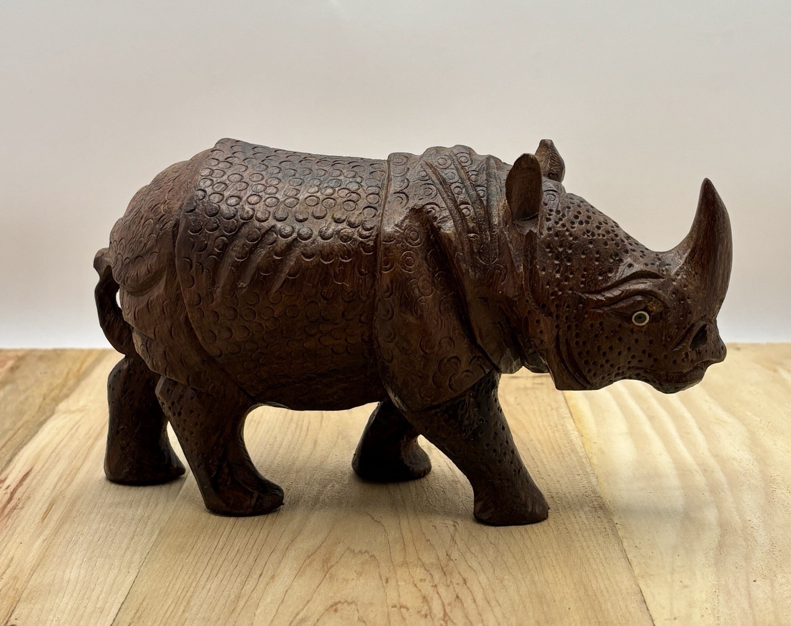 Hand Carved Sumatran Rhinoceros Detailed Folk Wood Carving Vintage Figure