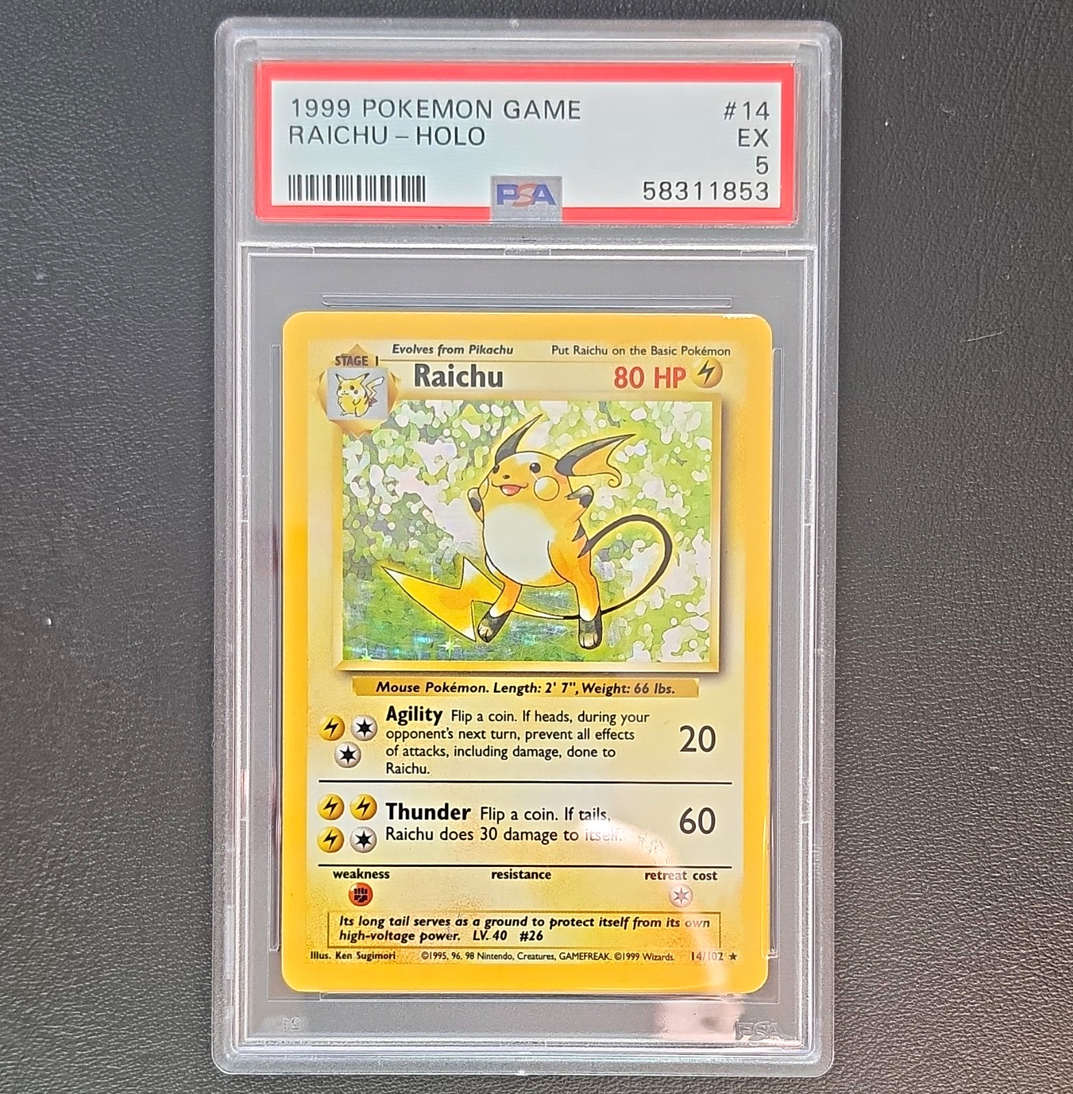 Pokémon 1999 Game Raichu Holo 14/102 Nintendo PSA 5 Cert 58311853