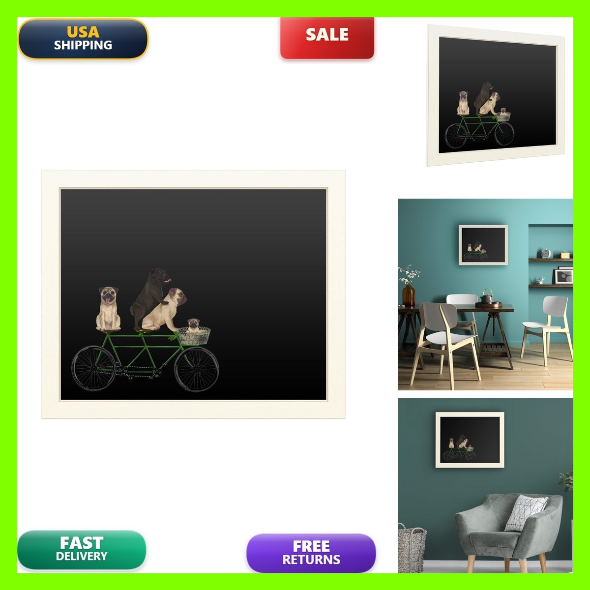Trademark Fine Art Pug Tandem by Fab Funky 16x20 White Board Multiple Colors