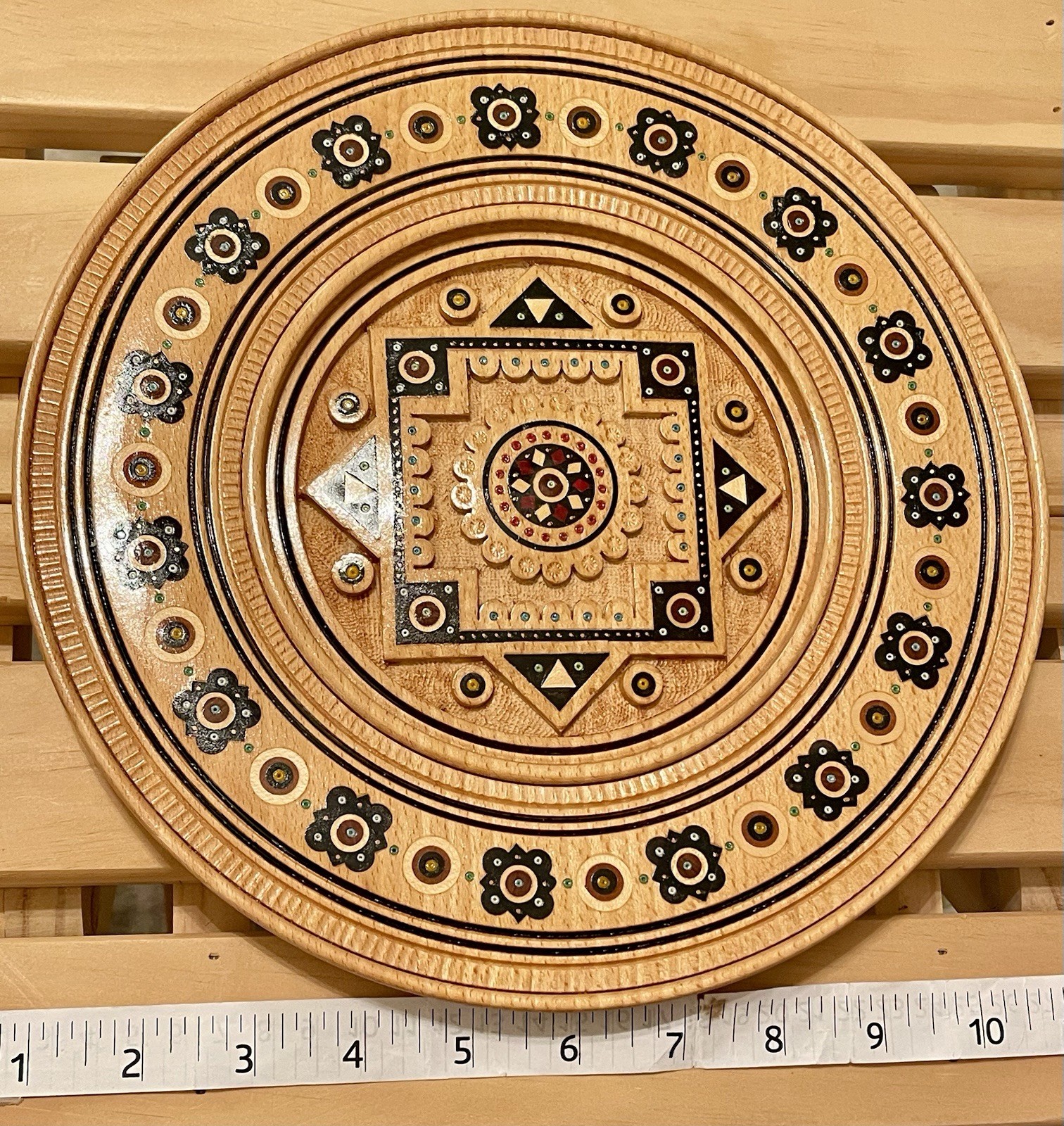 Vintage Ukrainian Hutsul Hand-Carved Wooden Plate Copper Pin Inlay Folk Art