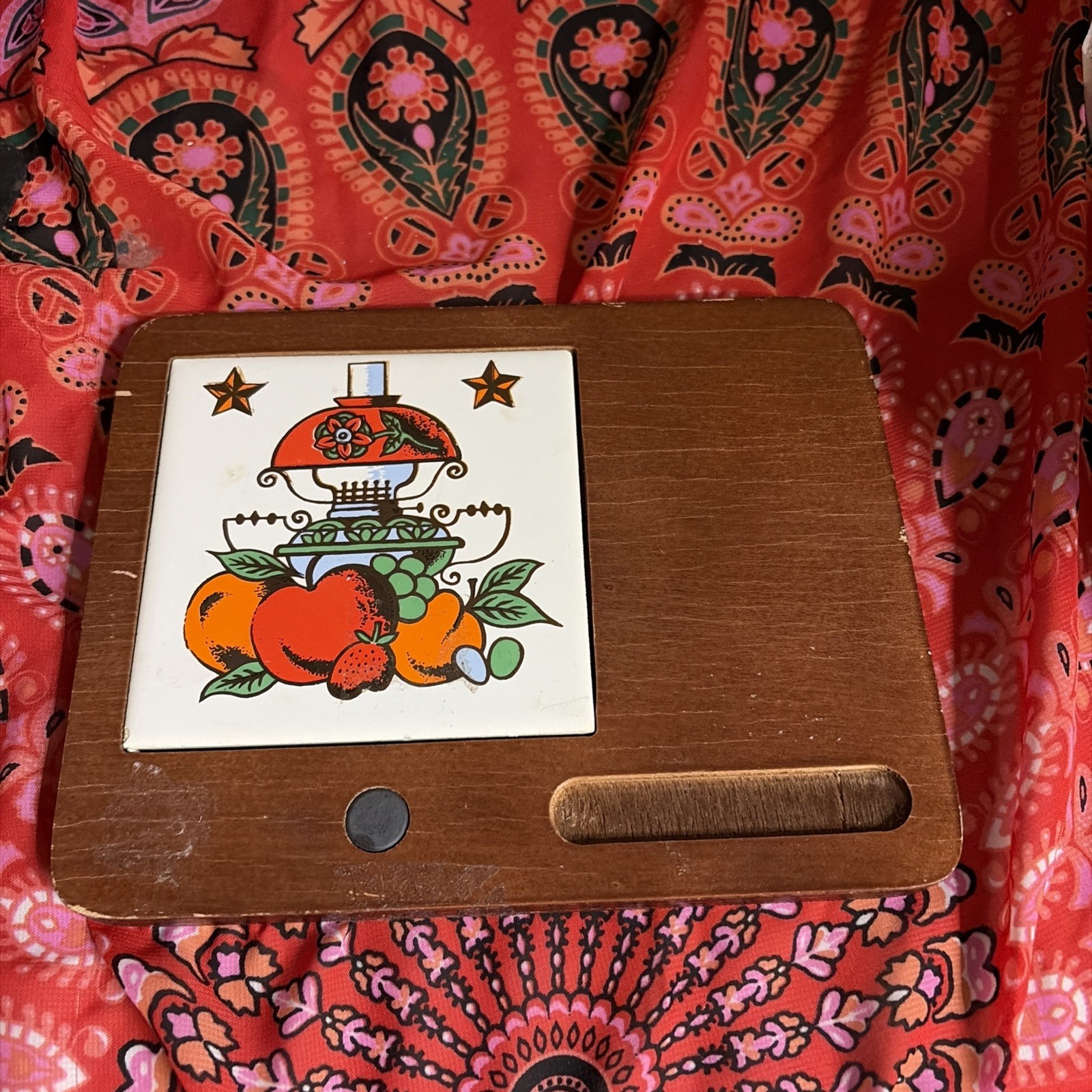 VTG 70's Charcuterie Board Fruit Tile Wood Tray Groovy Mod MCM Trivet *